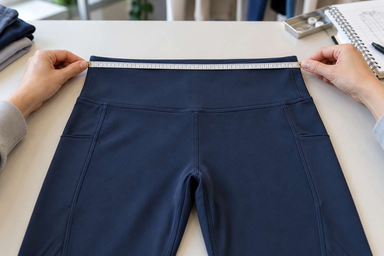 Sample technician measuring the relaxed waistband of activewear leggings on a flat table