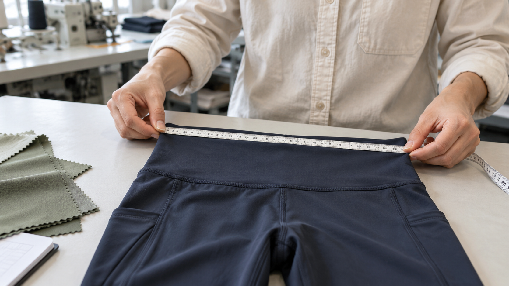 Quality inspector checking activewear waistband measurements and seam construction against an approved sample