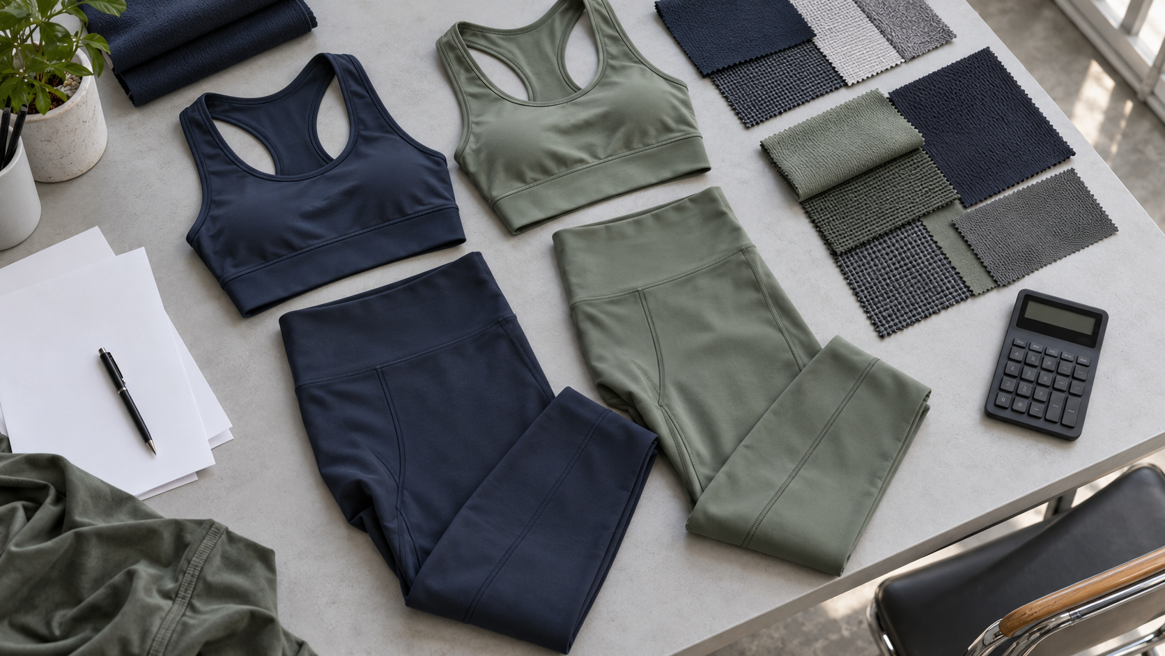Activewear samples, fabric swatches and a quotation checklist arranged on a development table