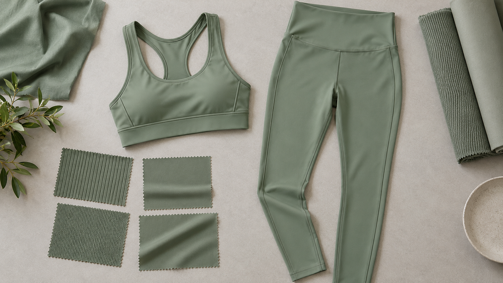 Sage green sports bra and leggings laid side by side with fabric swatches for matching-set color approval