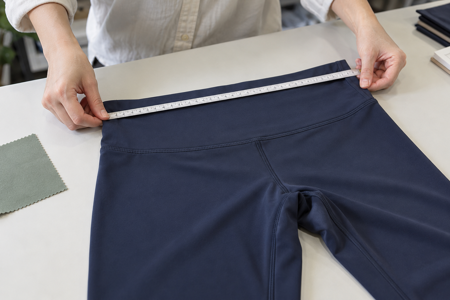 Custom leggings pre-production review with sample garments, fabric swatches and a measurement checklist