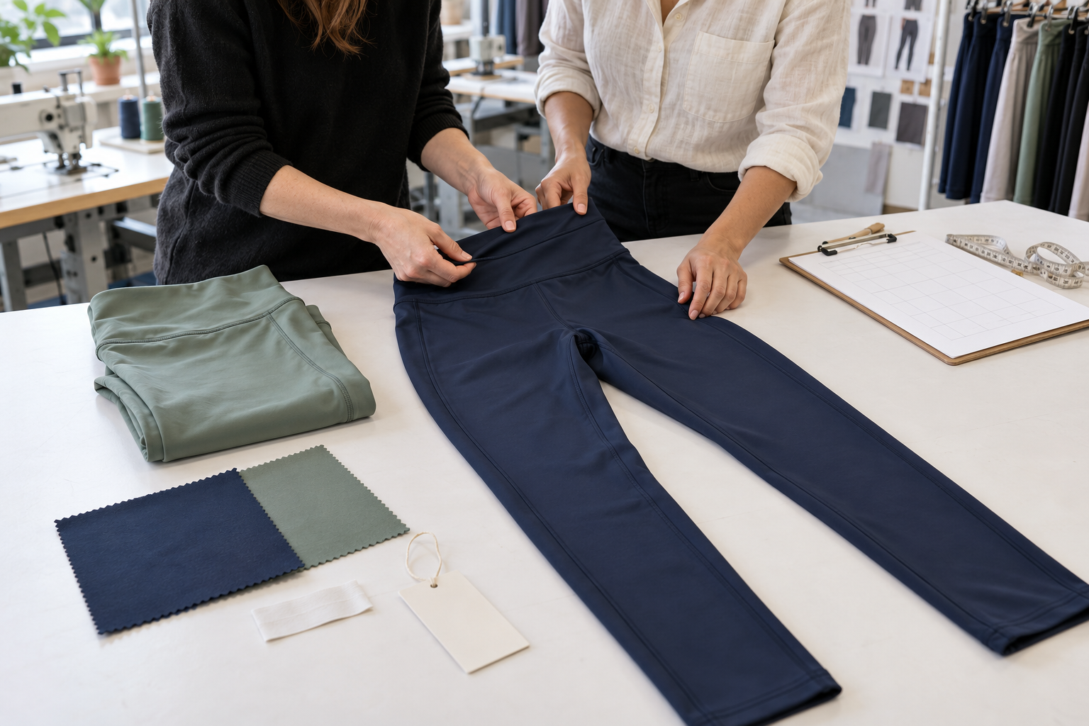 Sample technician measuring the relaxed waistband of navy leggings on a flat inspection table