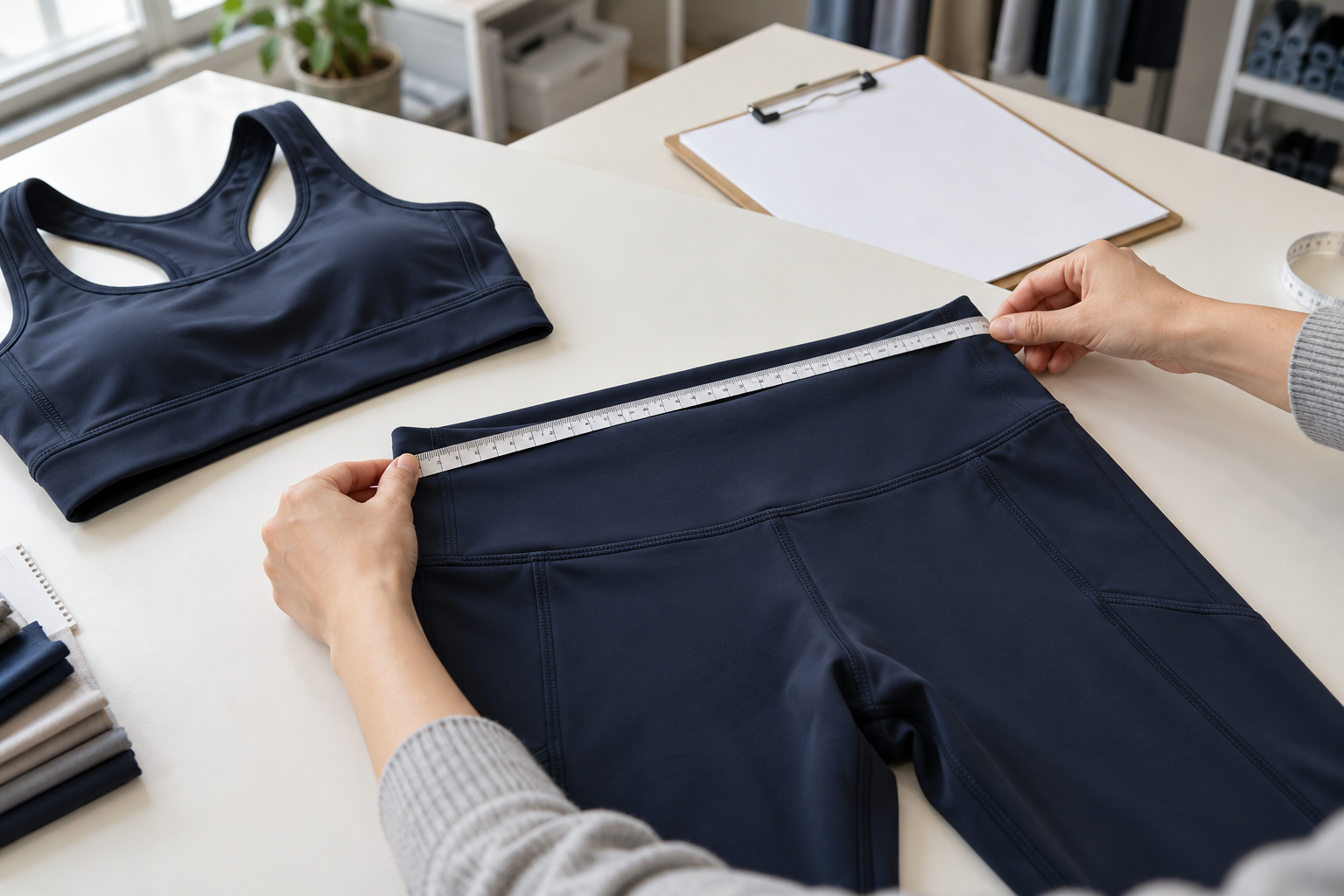 Sample technician measuring an activewear waistband before production approval