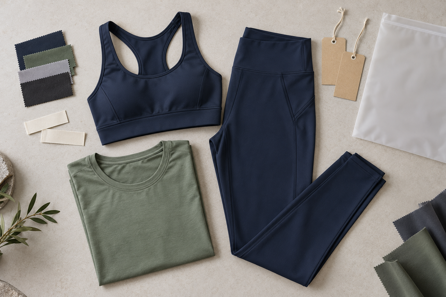 Fabric swatches, stretch logo applications and woven label samples on a development table