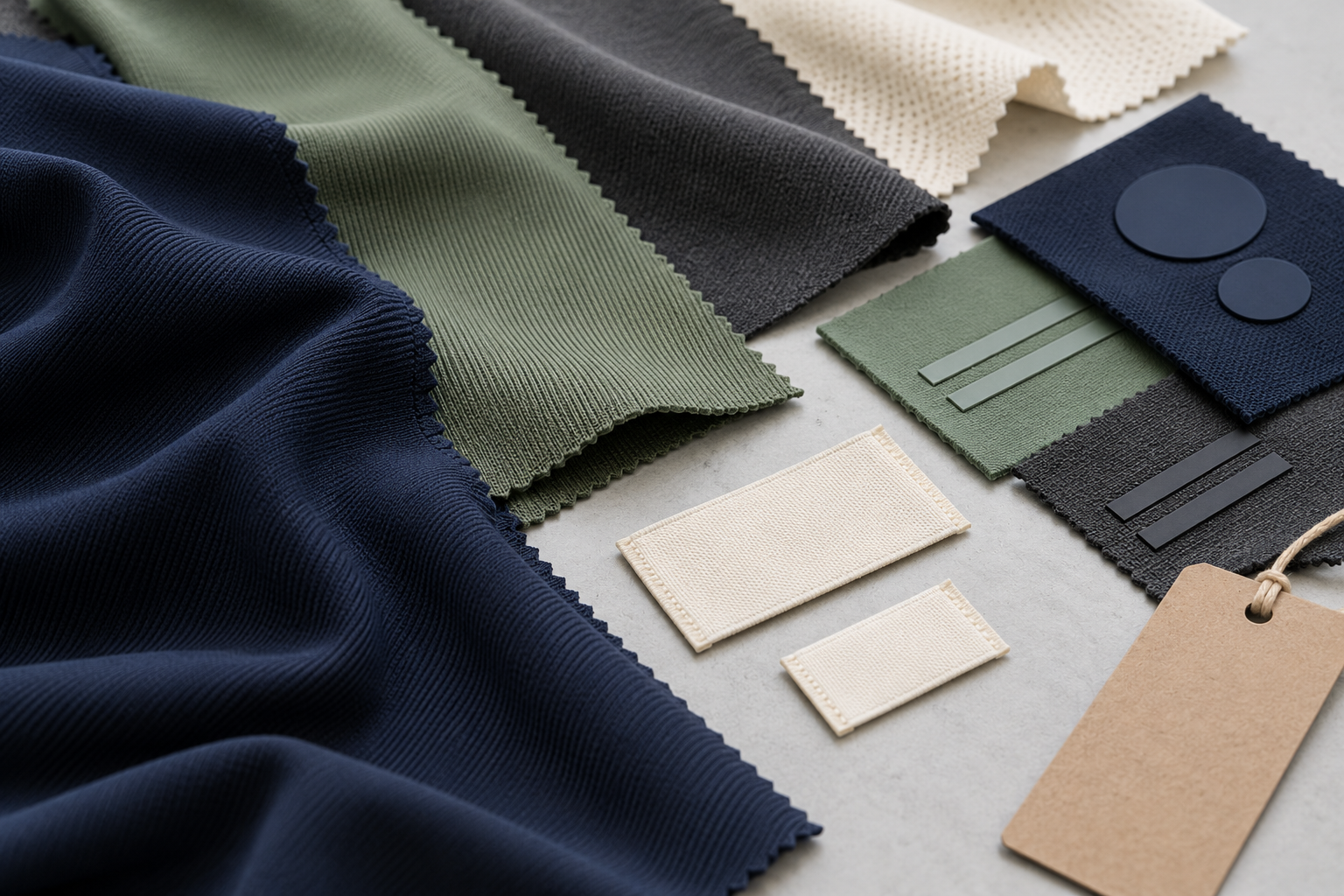 Activewear base styles beside logo samples, blank garment labels and packaging options