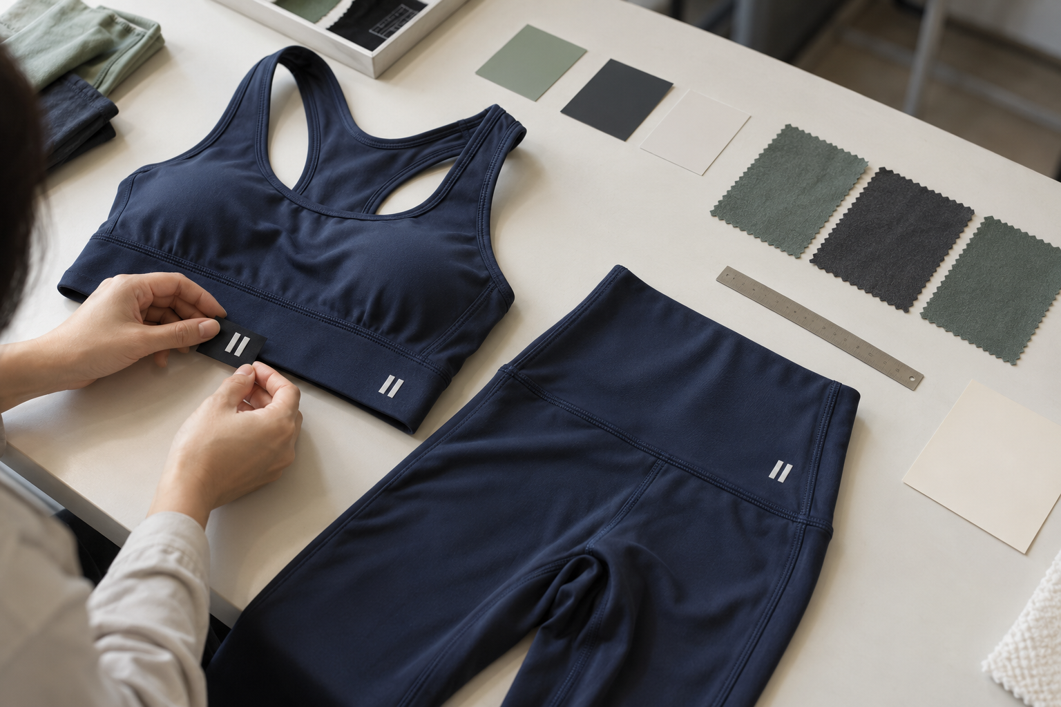 Activewear logo approval workspace with garment samples and decoration swatches
