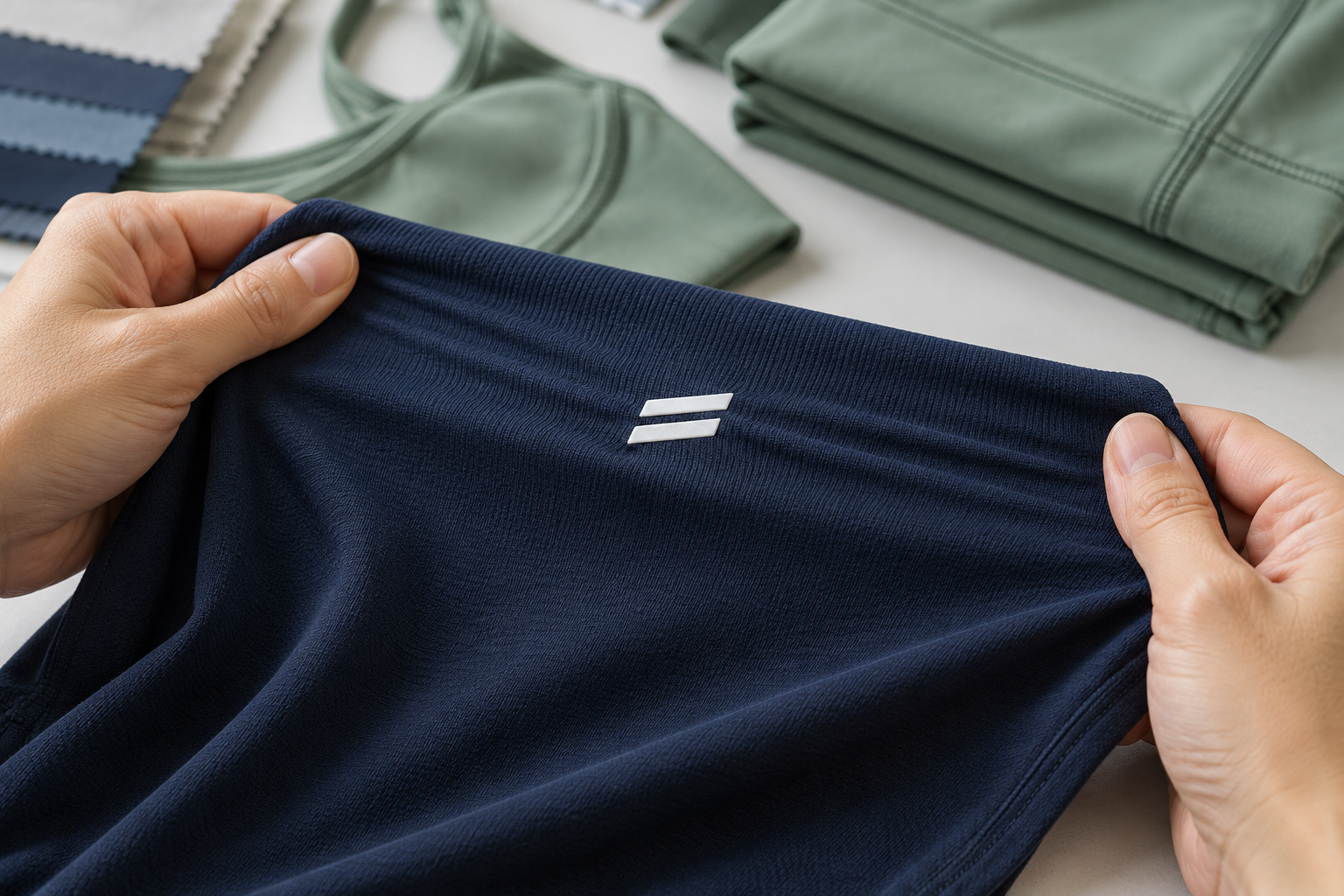 Hands gently stretching a decorated activewear fabric swatch to inspect logo recovery
