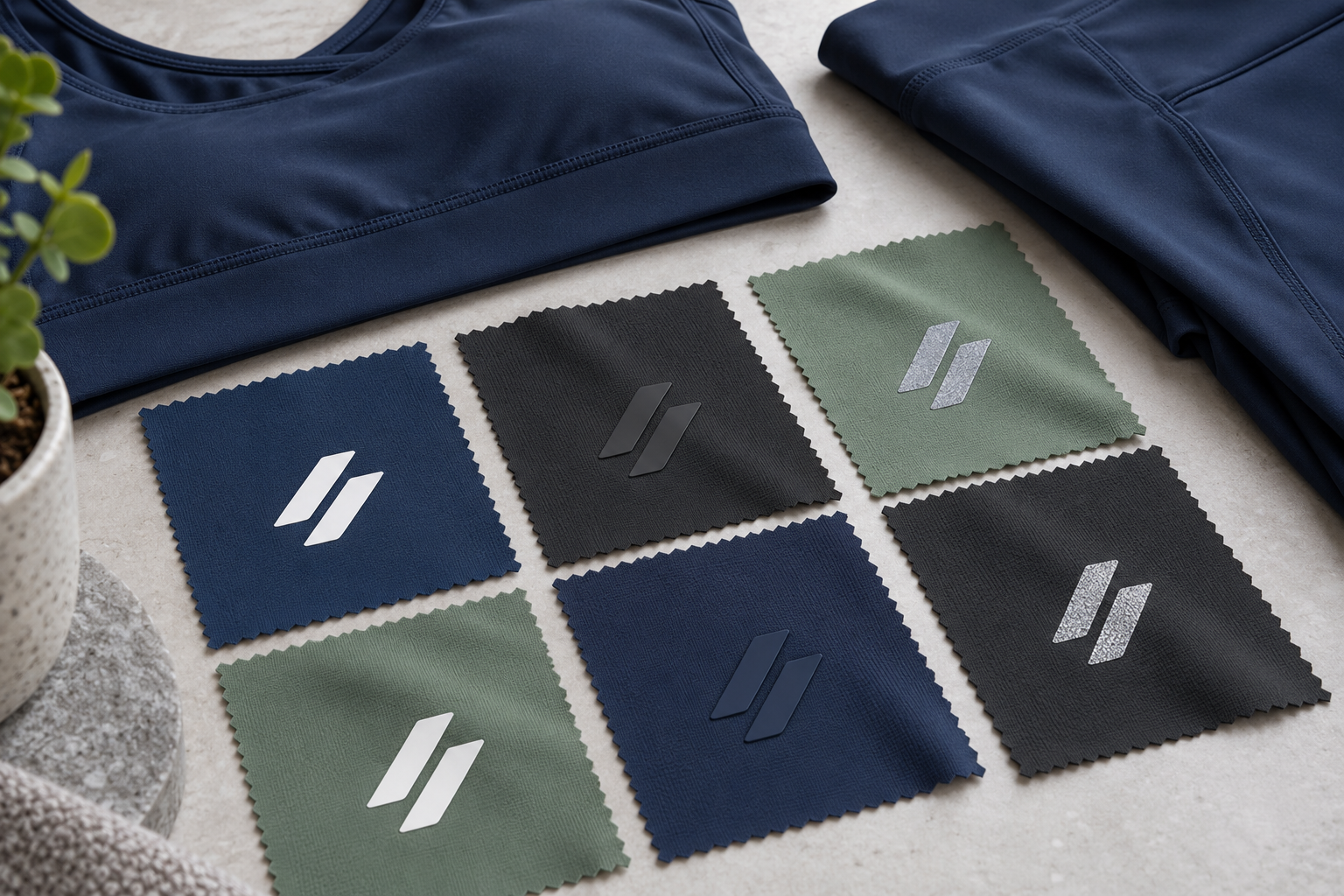 Stretch activewear fabric swatches with different small logo decoration samples
