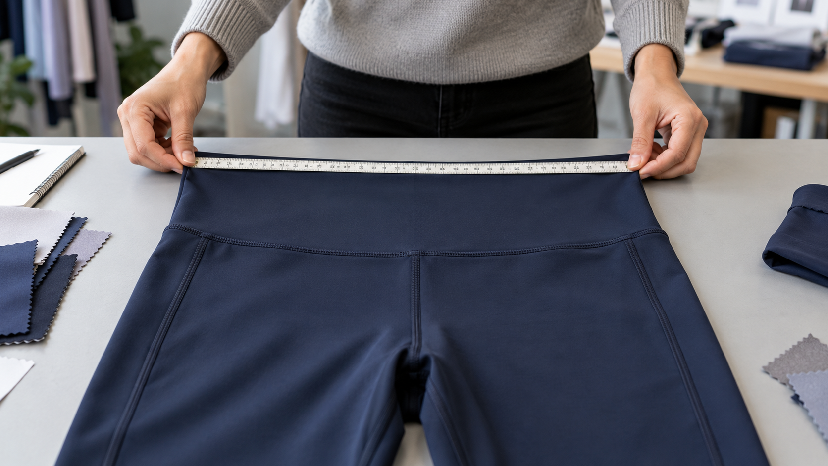 Technician measuring the relaxed waistband of navy activewear leggings on a flat inspection table