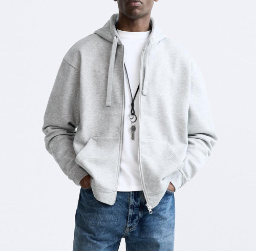 Men Casual Zip Up Hoodie| Custom Loose Fit Heather Grey Hoodie| Terry Hoodie Manufacturer