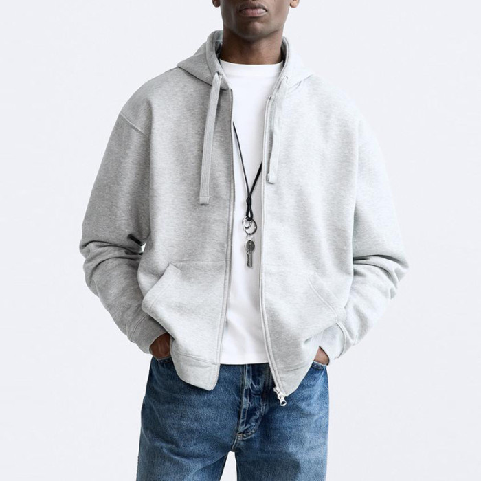 Men Casual Zip Up Hoodie| Custom Loose Fit Heather Grey Hoodie| Terry Hoodie Manufacturer