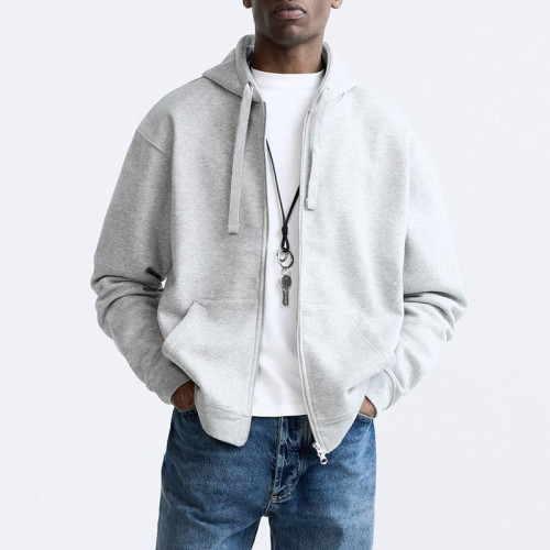 Men Casual Zip Up Hoodie| Custom Loose Fit Heather Grey Hoodie| Terry Hoodie Manufacturer