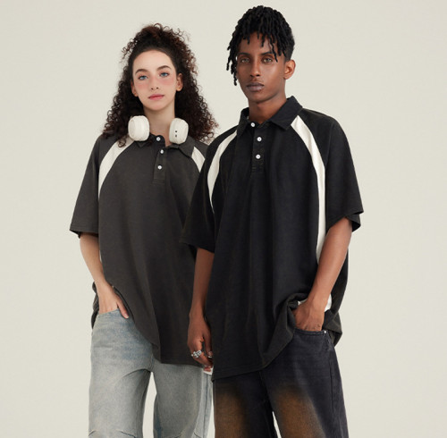 Custom Unisex Washed Contrast Pure Cotton Raglan Short-sleeved Polo Shirt For Men Tee