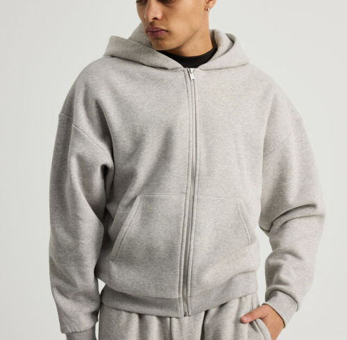Men's Oversized Full-Zip Fleece Hoodie - Casual Black/Grey Cotton Zip Up Hooded Sweatshirt for Streetwear & Winter