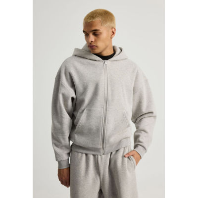 Men's Oversized Full-Zip Fleece Hoodie - Casual Black/Grey Cotton Zip Up Hooded Sweatshirt for Streetwear & Winter