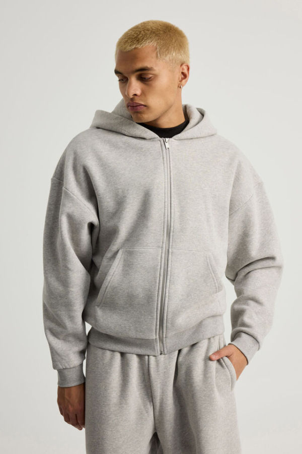 Men's Oversized Full-Zip Fleece Hoodie - Casual Black/Grey Cotton Zip Up Hooded Sweatshirt for Streetwear & Winter