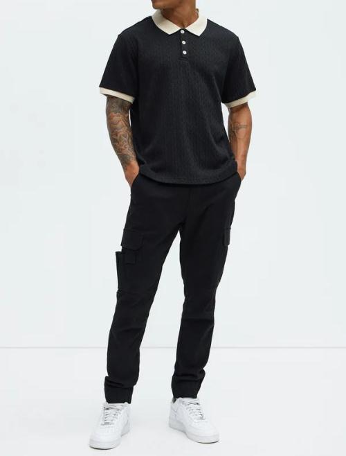 Men's Black Textured Polo Shirt with Beige Contrast Collar Short Sleeve Casual Knit Top