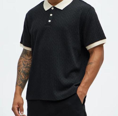 Men's Black Textured Polo Shirt with Beige Contrast Collar Short Sleeve Casual Knit Top
