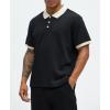 Men's Black Textured Polo Shirt with Beige Contrast Collar Short Sleeve Casual Knit Top