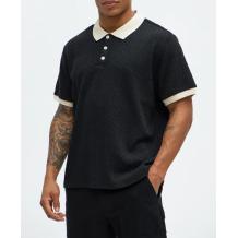 Men's Black Textured Polo Shirt with Beige Contrast Collar Short Sleeve Casual Knit Top