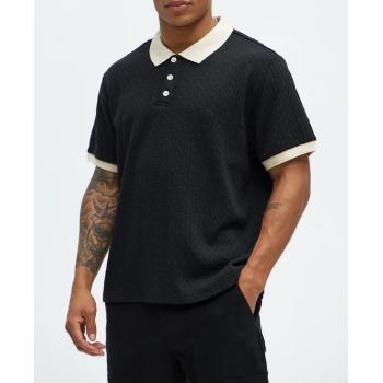 Men's Black Textured Polo Shirt with Beige Contrast Collar Short Sleeve Casual Knit Top