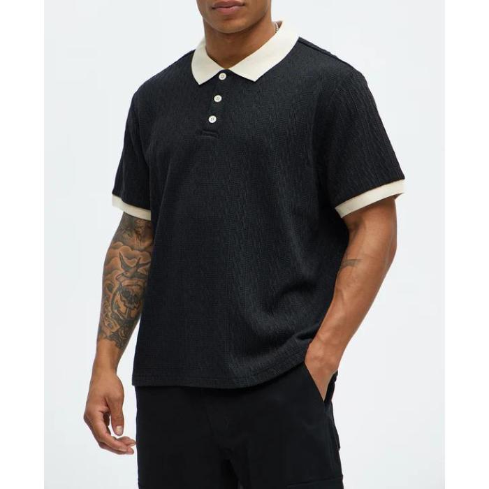 Men's Black Textured Polo Shirt with Beige Contrast Collar Short Sleeve Casual Knit Top