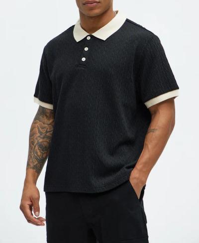 Men's Black Textured Polo Shirt with Beige Contrast Collar Short Sleeve Casual Knit Top