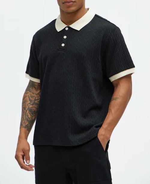 Men's Black Textured Polo Shirt with Beige Contrast Collar Short Sleeve Casual Knit Top