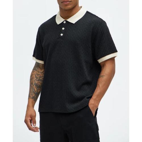 Men's Black Textured Polo Shirt with Beige Contrast Collar Short Sleeve Casual Knit Top