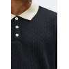 Men's Black Textured Polo Shirt with Beige Contrast Collar Short Sleeve Casual Knit Top