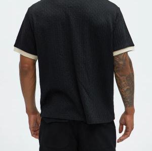 Men's Black Textured Polo Shirt with Beige Contrast Collar Short Sleeve Casual Knit Top