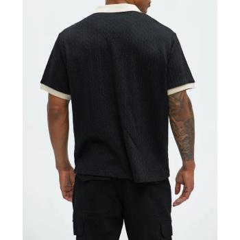 Men's Black Textured Polo Shirt with Beige Contrast Collar Short Sleeve Casual Knit Top