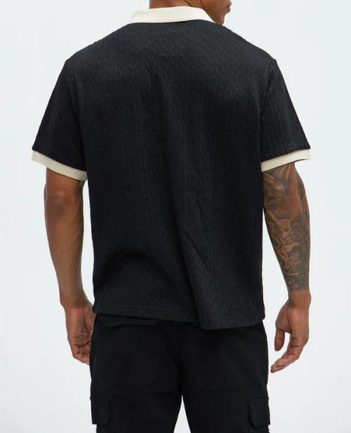 Men's Black Textured Polo Shirt with Beige Contrast Collar Short Sleeve Casual Knit Top