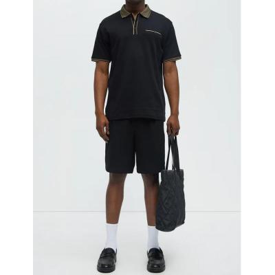 Men's Contrast Tipped Polo Shirt with Chest Pocket, Black Piqué Khaki Trim, Short Sleeve Classic Fit