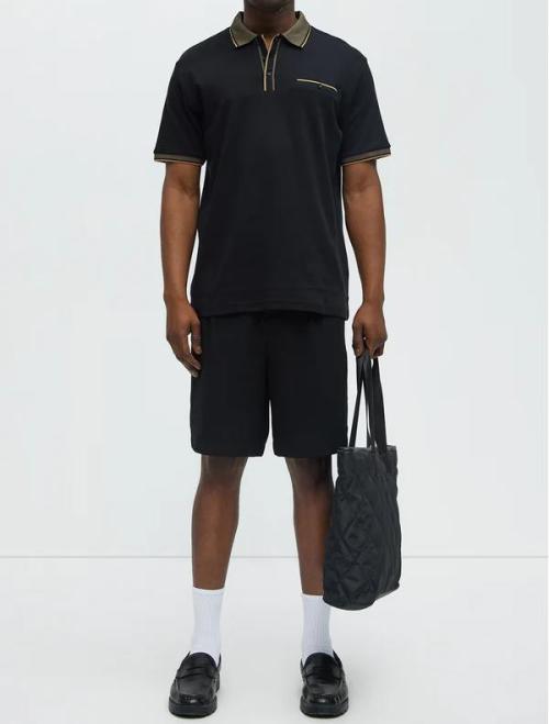 Men's Contrast Tipped Polo Shirt with Chest Pocket, Black Piqué Khaki Trim, Short Sleeve Classic Fit