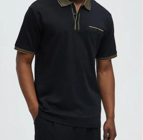Men's Contrast Tipped Polo Shirt with Chest Pocket, Black Piqué Khaki Trim, Short Sleeve Classic Fit
