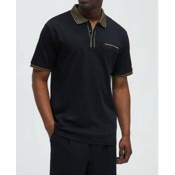 Men's Contrast Tipped Polo Shirt with Chest Pocket, Black Piqué Khaki Trim, Short Sleeve Classic Fit