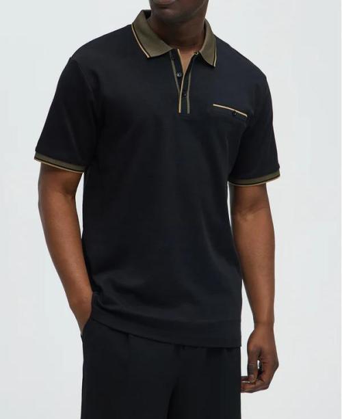 Men's Contrast Tipped Polo Shirt with Chest Pocket, Black Piqué Khaki Trim, Short Sleeve Classic Fit