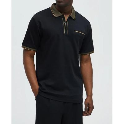 Men's Contrast Tipped Polo Shirt with Chest Pocket, Black Piqué Khaki Trim, Short Sleeve Classic Fit