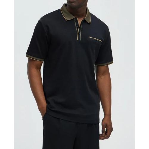 Men's Contrast Tipped Polo Shirt with Chest Pocket, Black Piqué Khaki Trim, Short Sleeve Classic Fit