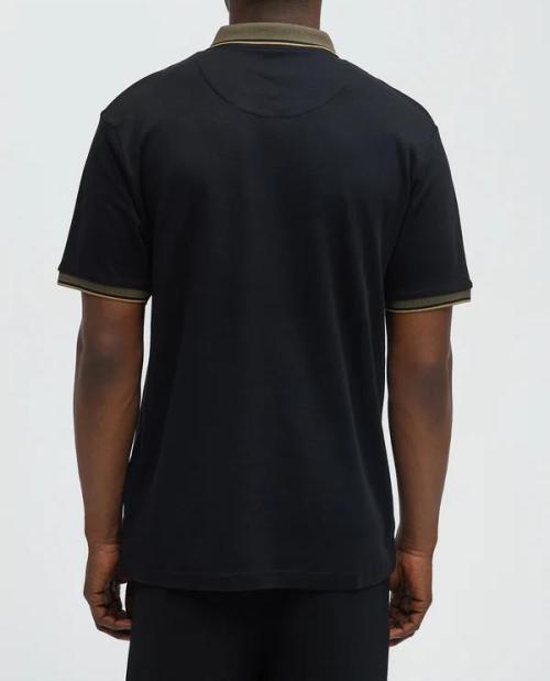 Men's Contrast Tipped Polo Shirt with Chest Pocket, Black Piqué Khaki Trim, Short Sleeve Classic Fit
