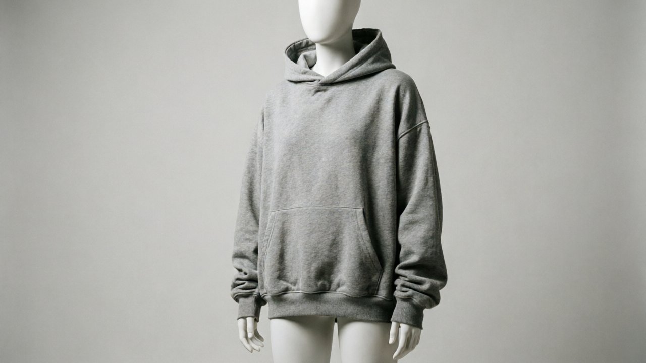 Loose fit oversized grey hoodie on mannequin, premium streetwear style