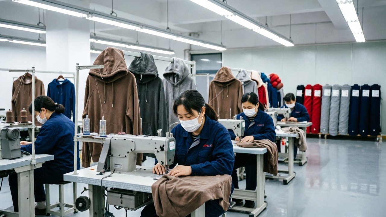 Modern garment factory workshop producing custom hoodies