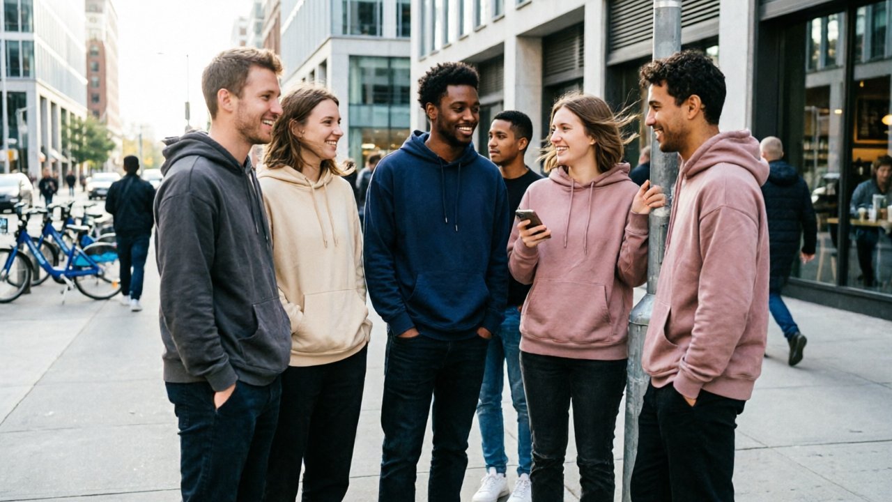Streetwear fashion scene with oversized loose fit hoodies in urban setting