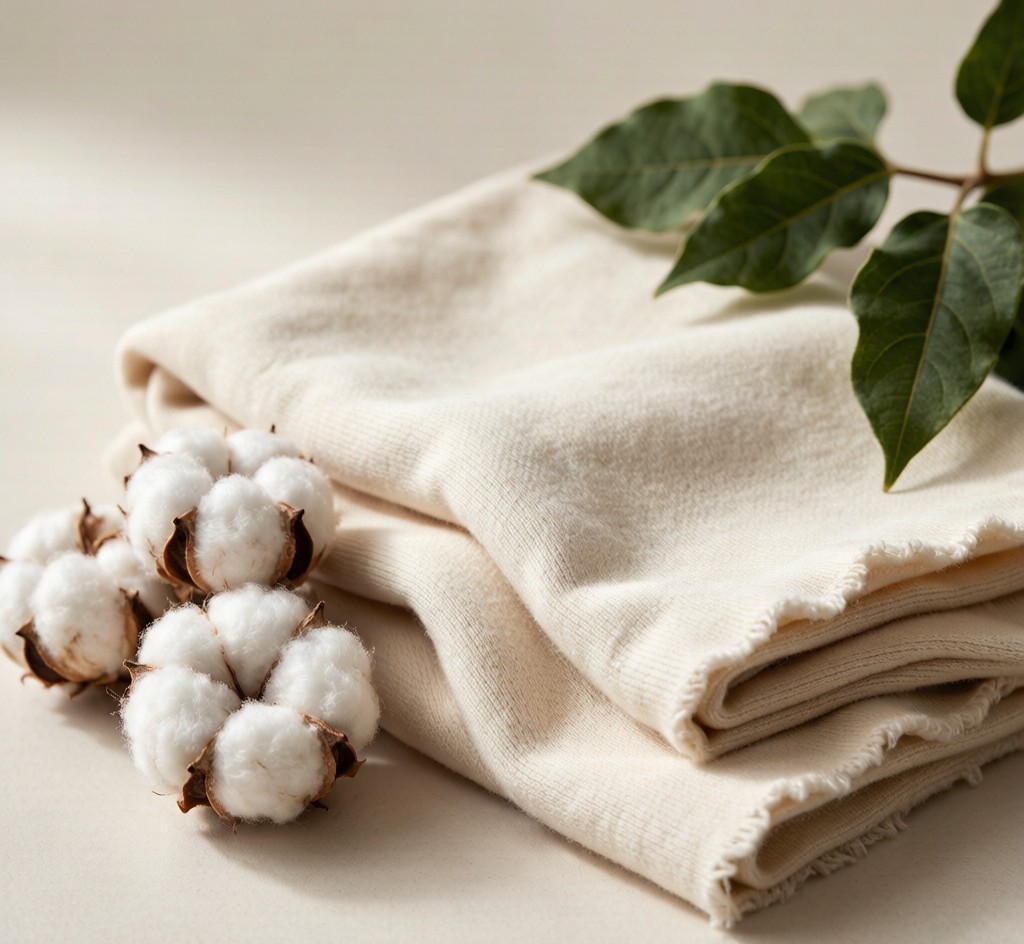Close-up of natural cotton fleece fabric with cotton bolls and leaves