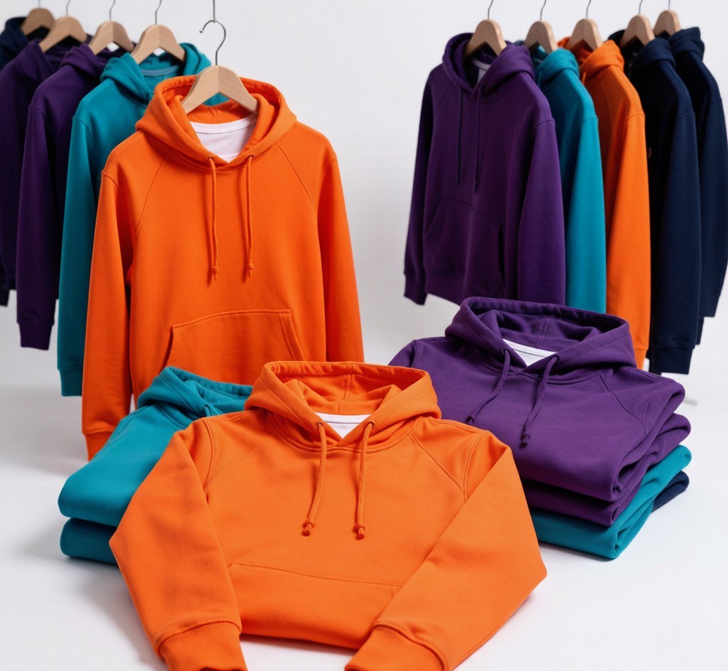 Vibrant orange purple and teal blue performance hoodies on display