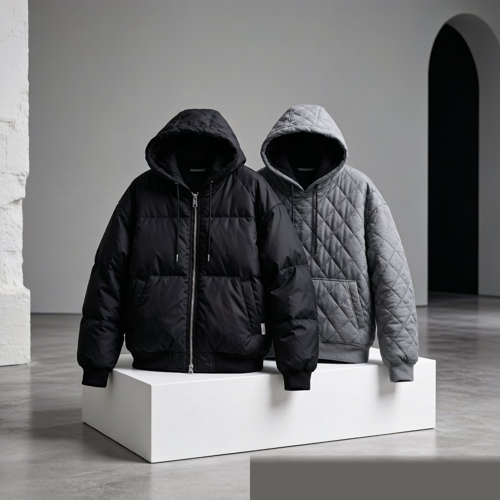Puffer and quilted hoodies displayed in a winter streetwear collection showroom