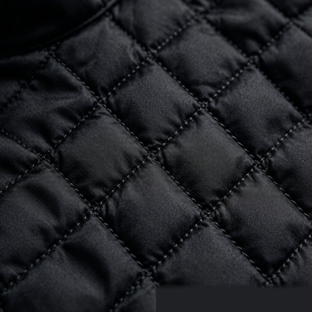 Close-up of diamond quilted hoodie fabric with insulation layers visible