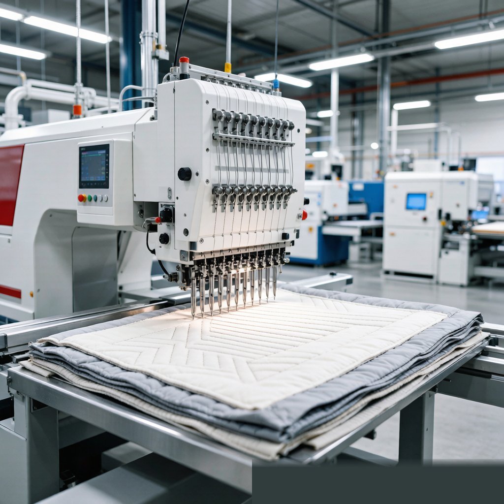 Garment factory quilting machine stitching diamond pattern on insulated hoodie panels