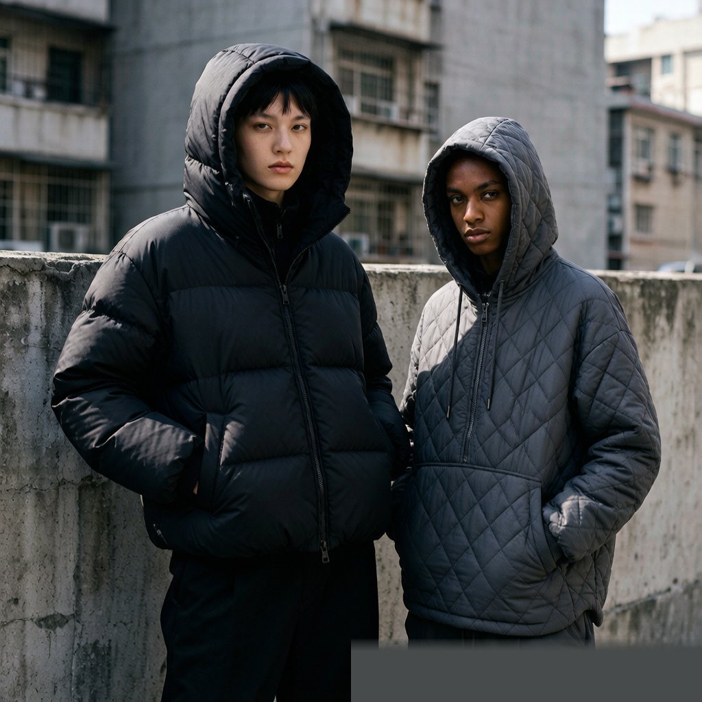 Winter streetwear models wearing puffer and quilted hoodies in urban setting